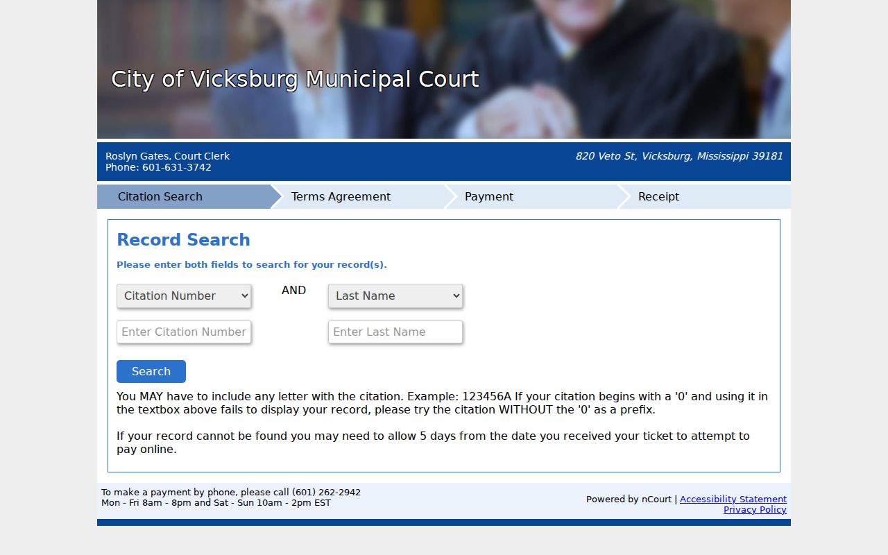 Vicksburg citation search and payment fields