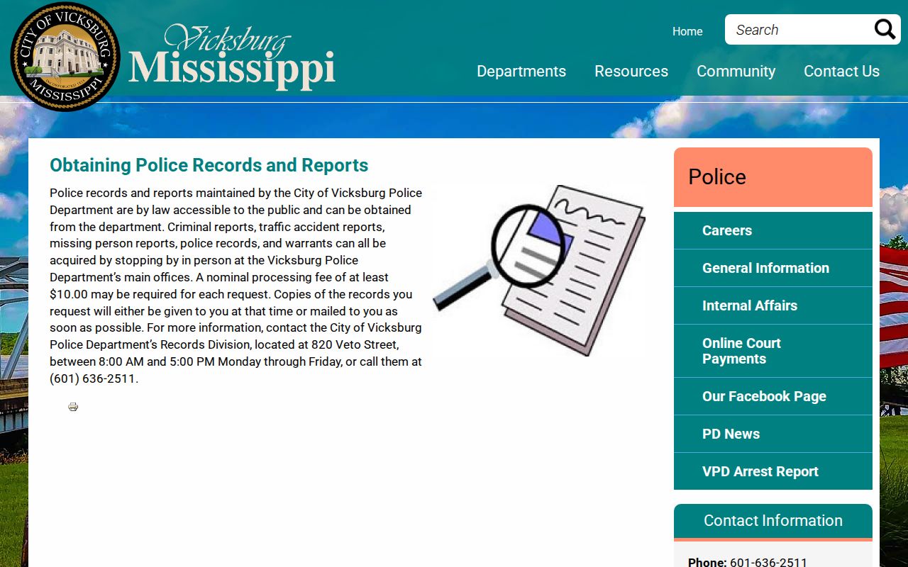 Vicksburg Police records and warrant request information