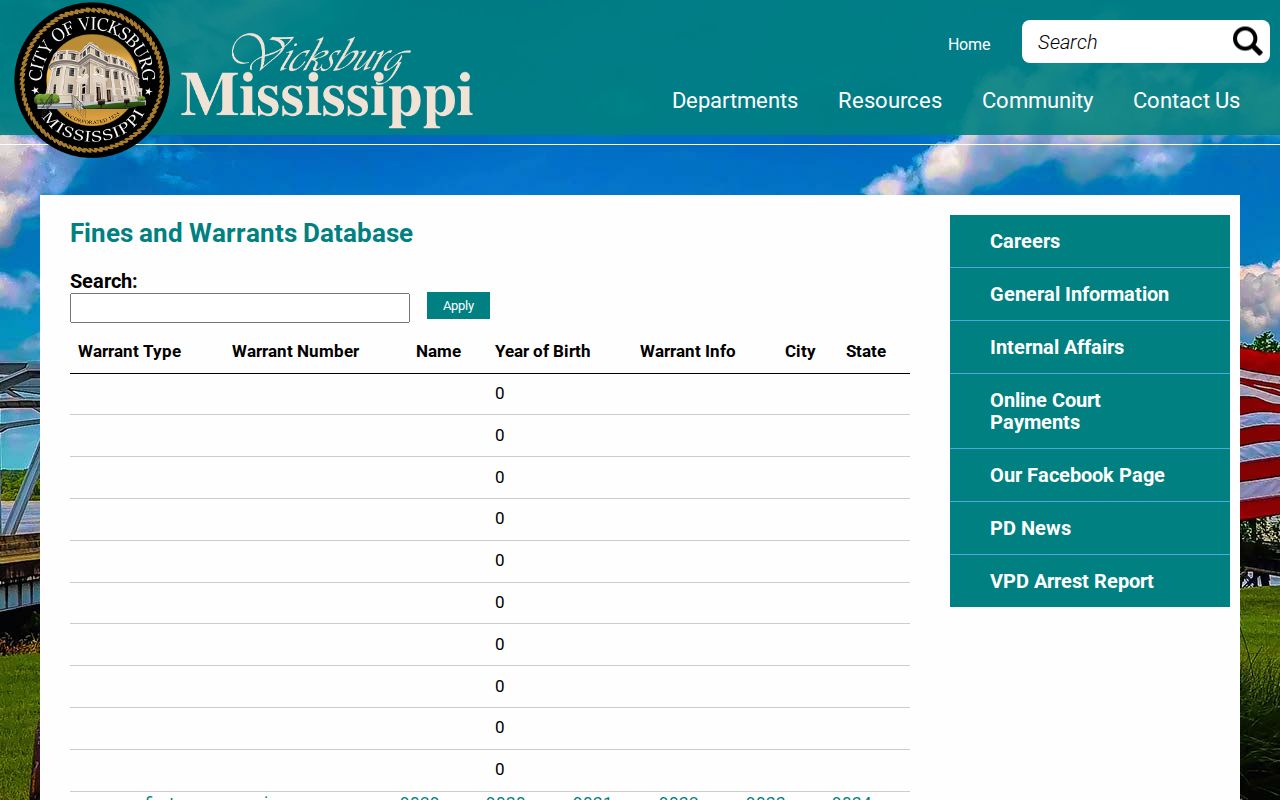 Vicksburg warrant database pagination interface