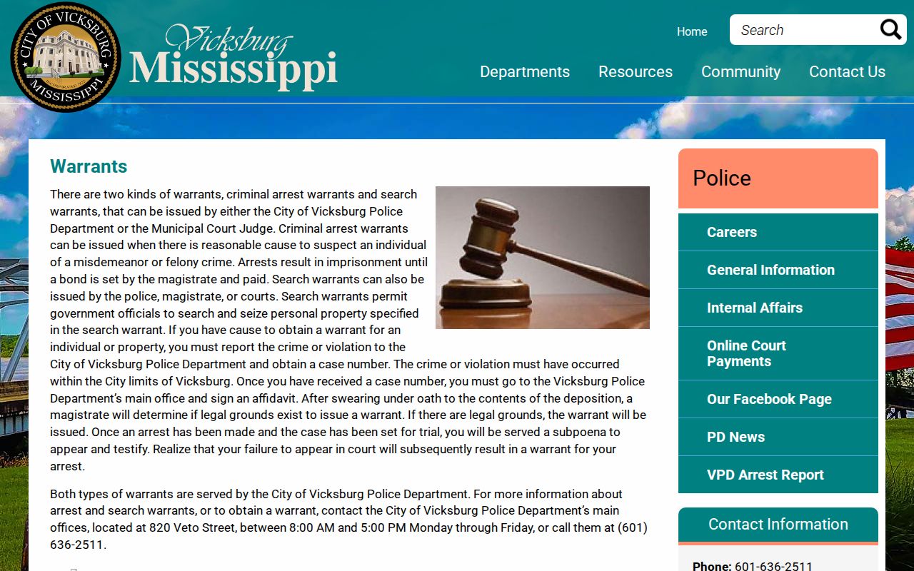 Vicksburg official arrest and search warrant process