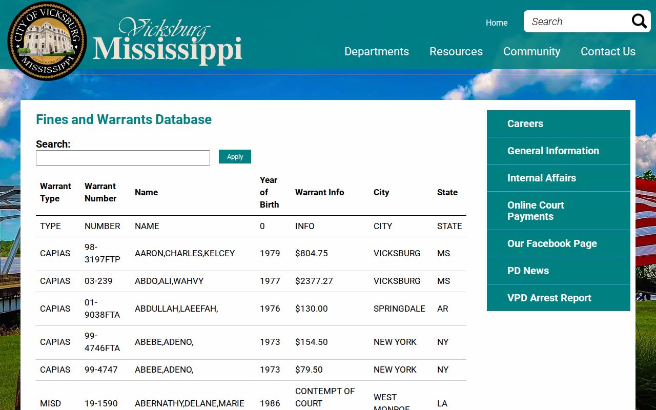 Vicksburg official fines and warrants database interface